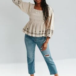 Piper & Scoot Tops The Nanette Embroidered Gauze Blouse In Tan