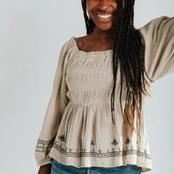 Piper & Scoot Tops The Nanette Embroidered Gauze Blouse In Tan