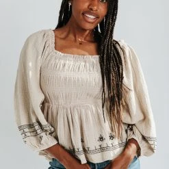 Piper & Scoot Tops The Nanette Embroidered Gauze Blouse In Tan