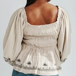 Piper & Scoot Tops The Nanette Embroidered Gauze Blouse In Tan