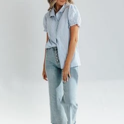 Piper & Scoot Tops The Tony Eyelet Sleeve Striped Blouse In Blue