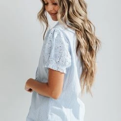 Piper & Scoot Tops The Tony Eyelet Sleeve Striped Blouse In Blue