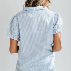 Piper & Scoot Tops The Tony Eyelet Sleeve Striped Blouse In Blue