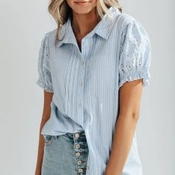 Piper & Scoot Tops The Tony Eyelet Sleeve Striped Blouse In Blue