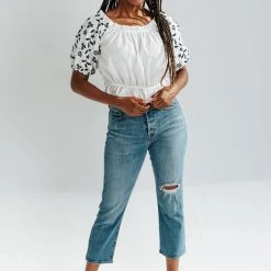 Piper & Scoot Tops The Bigelow Embroidered Balloon Sleeve Blouse In Navy