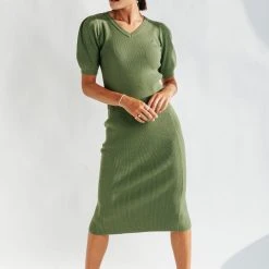 Tops Piper & Scoot: The Bonnie Ribbed Puff Sleeve Sweater In Green