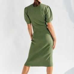 Tops Piper & Scoot: The Bonnie Ribbed Puff Sleeve Sweater In Green