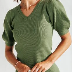 Tops Piper & Scoot: The Bonnie Ribbed Puff Sleeve Sweater In Green