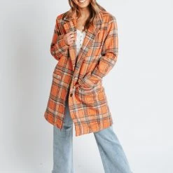 Piper & Scoot The Solis Plaid Patterned Jacket In Coral