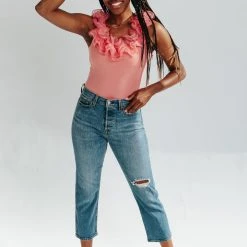 Piper & Scoot The Niccole Ruffle Bodysuit In Rose Tops