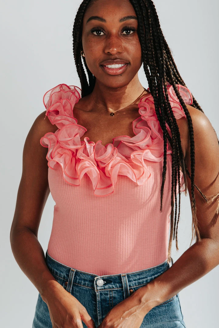 Piper & Scoot The Niccole Ruffle Bodysuit In Rose Tops