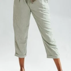 Piper & Scoot The Knox Tie Belt Linen Pants In Olive