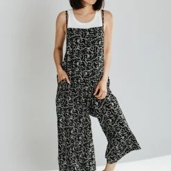 Piper & Scoot The Lindy Printed Cami Overall In Black Bottoms + Jumpsuits