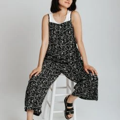 Piper & Scoot The Lindy Printed Cami Overall In Black Bottoms + Jumpsuits