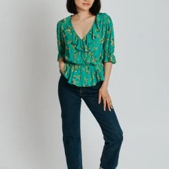 Piper & Scoot The Rustin Floral Ruffle Detail Blouse In Green Tops