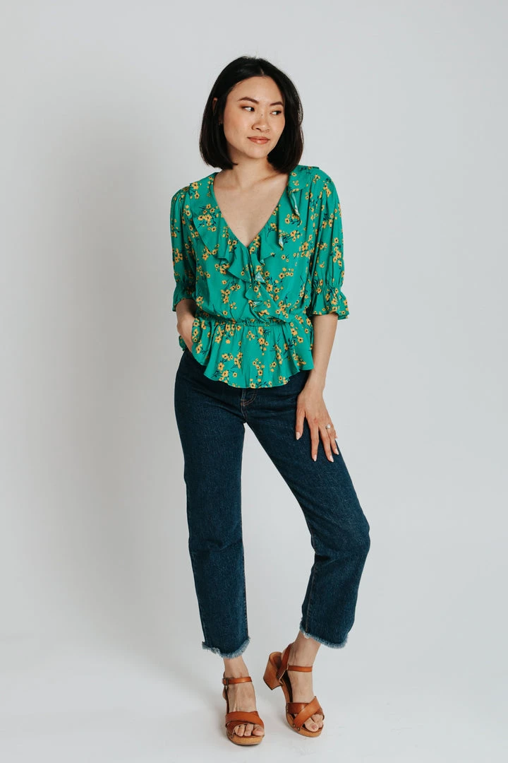 Piper & Scoot The Rustin Floral Ruffle Detail Blouse In Green Tops