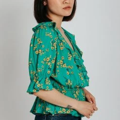 Piper & Scoot The Rustin Floral Ruffle Detail Blouse In Green Tops