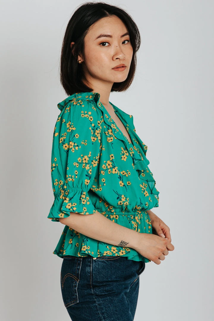 Piper & Scoot The Rustin Floral Ruffle Detail Blouse In Green Tops