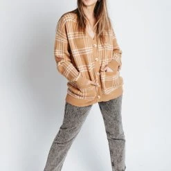 Piper & Scoot The Tahzjuan Plaid Detail Cardigan In Camel