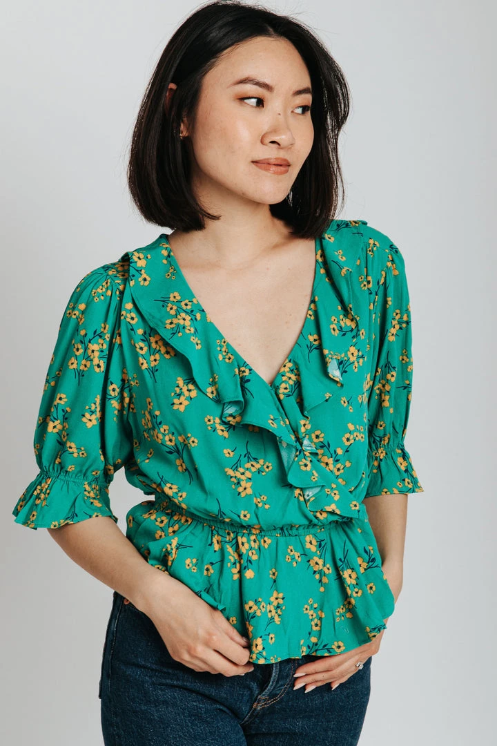 Piper & Scoot The Rustin Floral Ruffle Detail Blouse In Green Tops