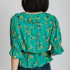 Piper & Scoot The Rustin Floral Ruffle Detail Blouse In Green Tops