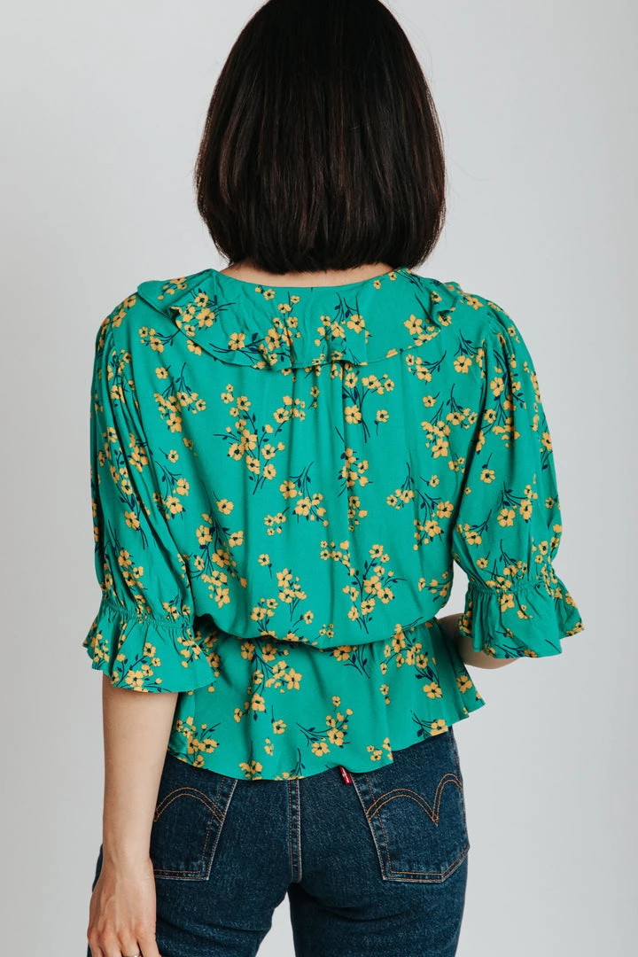 Piper & Scoot The Rustin Floral Ruffle Detail Blouse In Green Tops