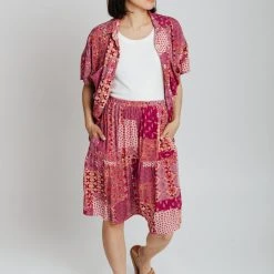 Piper & Scoot: The San Lucas Patchwork Skirt In Fuchsia Bottoms + Jumpsuits