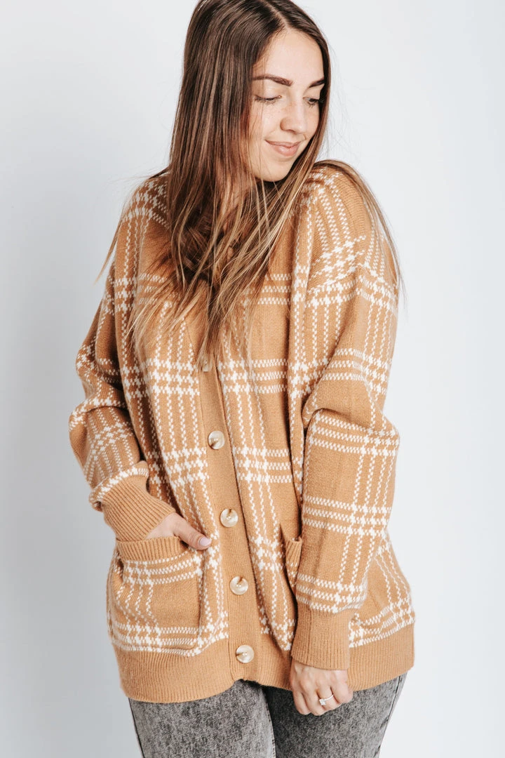 Piper & Scoot The Tahzjuan Plaid Detail Cardigan In Camel