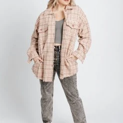 Piper & Scoot The Bridgerton Houndstooth Shacket In Pink + Brown Tops