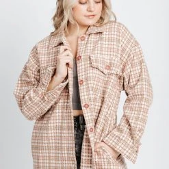Piper & Scoot The Bridgerton Houndstooth Shacket In Pink + Brown Tops