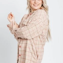 Piper & Scoot The Bridgerton Houndstooth Shacket In Pink + Brown Tops