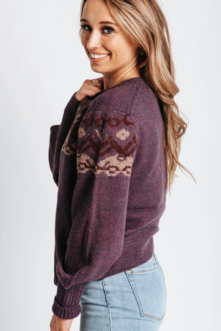 Piper & Scoot Tops The Noah Patterned Puff Sleeve Sweater In Purple