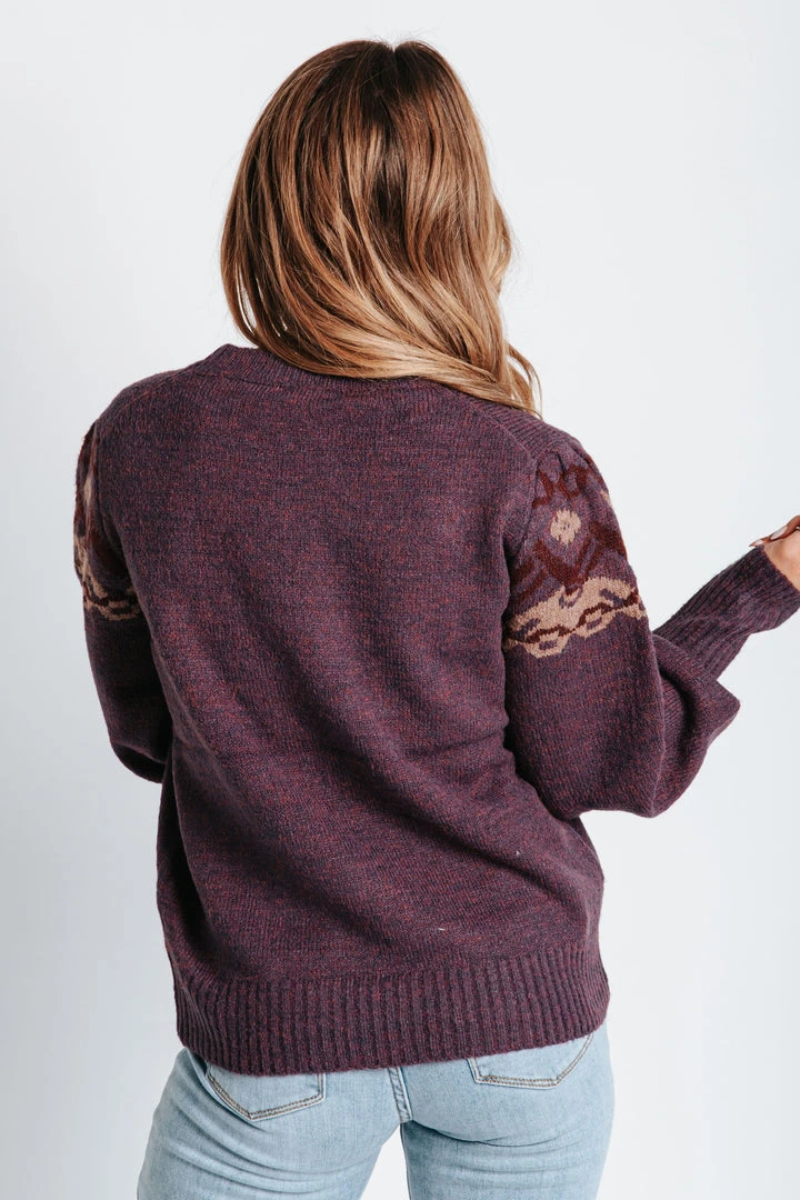 Piper & Scoot Tops The Noah Patterned Puff Sleeve Sweater In Purple