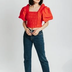 Piper & Scoot The Knowles Smocked Puff Sleeve Blouse In Red Tops