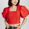 Piper & Scoot The Knowles Smocked Puff Sleeve Blouse In Red Tops
