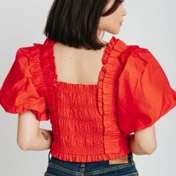 Piper & Scoot The Knowles Smocked Puff Sleeve Blouse In Red Tops