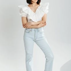 Piper & Scoot The Margarete Ruffle Detail Blouse In White Tops