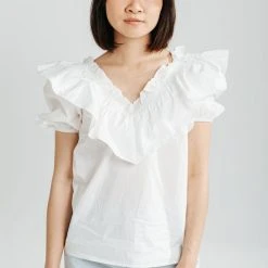 Piper & Scoot The Margarete Ruffle Detail Blouse In White Tops