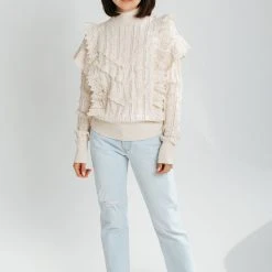 Piper & Scoot The Prescott Ruffle Detail Sweater In Cream Tops