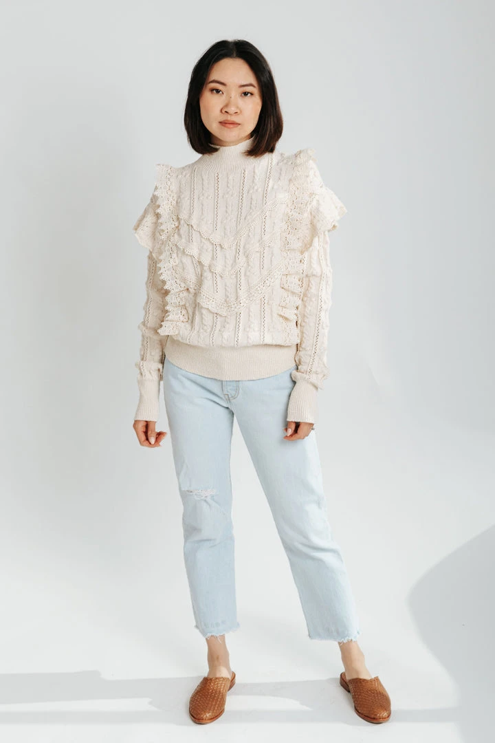 Piper & Scoot The Prescott Ruffle Detail Sweater In Cream Tops