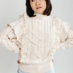 Piper & Scoot The Prescott Ruffle Detail Sweater In Cream Tops