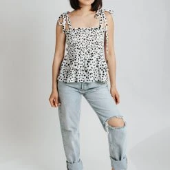 Piper & Scoot The Cindy Polkadot Tank Top In White + Black