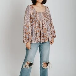 Piper & Scoot The Reagan Mixed Patterned Blouse In Dusty Lavender Tops