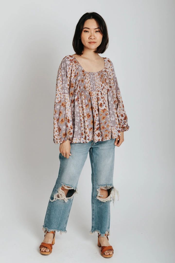 Piper & Scoot The Reagan Mixed Patterned Blouse In Dusty Lavender Tops
