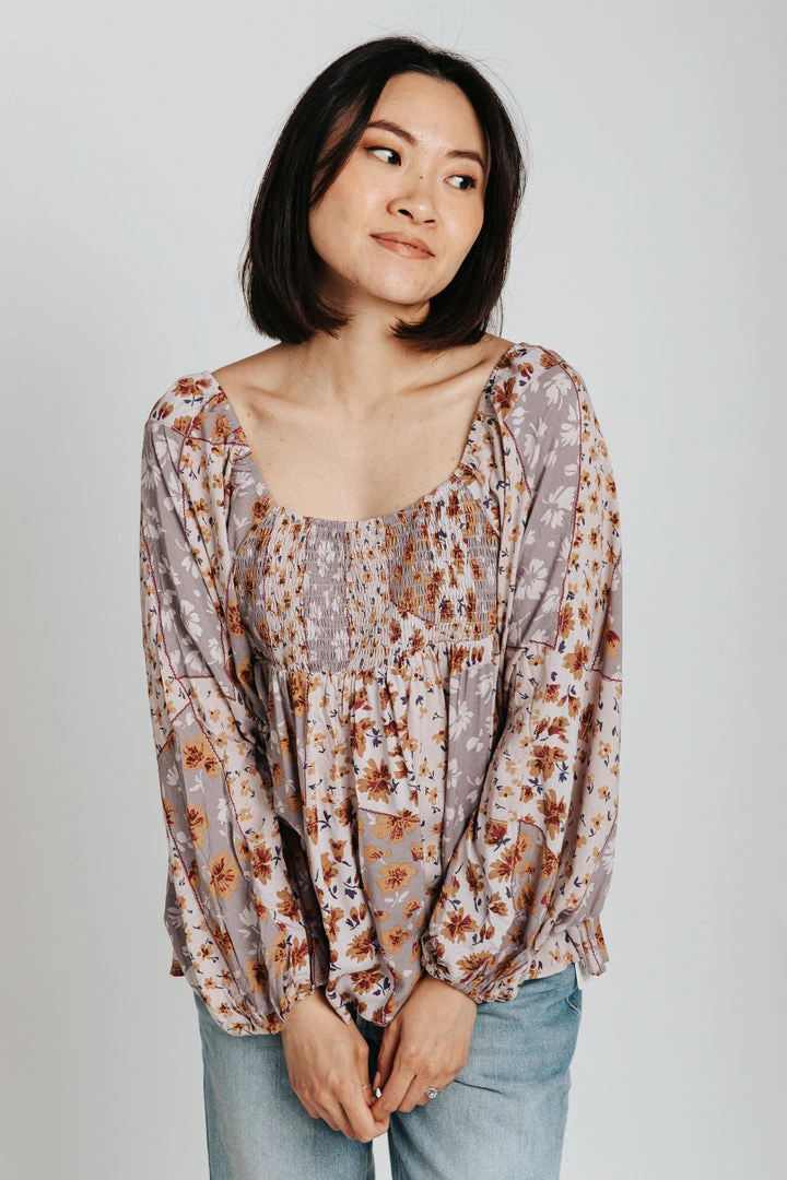 Piper & Scoot The Reagan Mixed Patterned Blouse In Dusty Lavender Tops