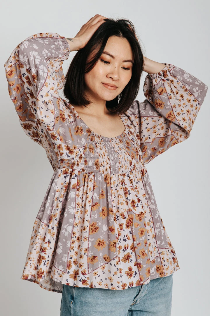 Piper & Scoot The Reagan Mixed Patterned Blouse In Dusty Lavender Tops