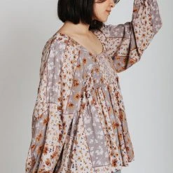 Piper & Scoot The Reagan Mixed Patterned Blouse In Dusty Lavender Tops