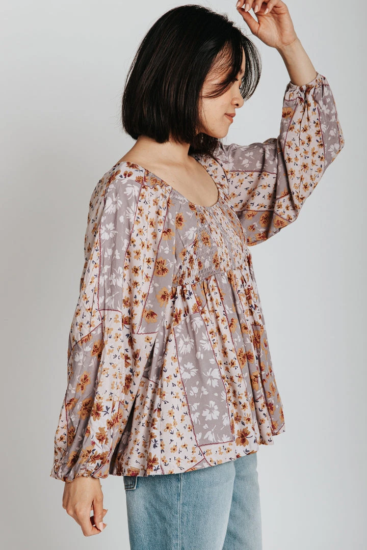 Piper & Scoot The Reagan Mixed Patterned Blouse In Dusty Lavender Tops