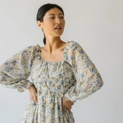 Piper & Scoot The Linder Floral Midi Dress In Blue + Yellow