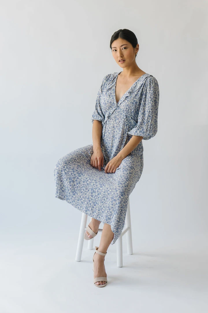 Piper & Scoot The Marilda Ruffle Midi Dress In Denim Dresses
